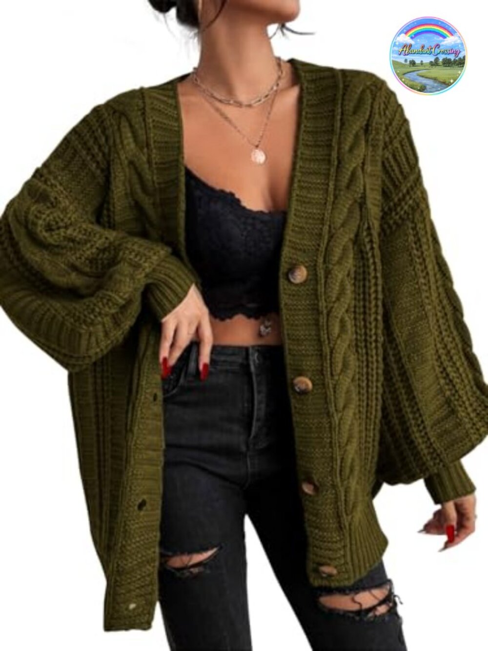 Oversized Button Front Cardigan Sweater V Neck Long Sleeve Cable Knit